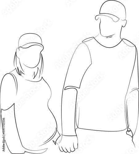 One continuous line drawing on white isolated background. Minimalism linear illustration. men, togetherness, walking, happiness, pregnant, adult, outdoors, baby - human age, women