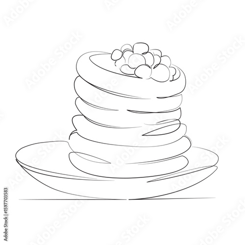 One continuous line drawing on white isolated background. Minimalism linear illustration. food, snack, meal, breakfast, homemade, plate, stack, berry, lunch, morning
