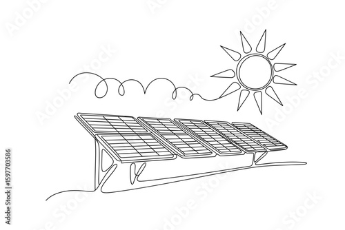 Solar energy concept with sun and panels in line art style vector illustration