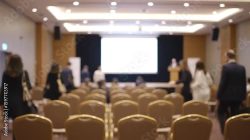 Blurred background of participants mingling before a workshop, 4K Resolution