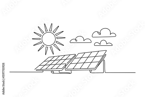 Solar energy concept with sun and panels in line art style vector illustration