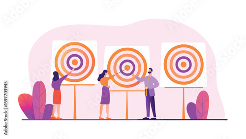 People aiming at targets with darts in a business setting demonstrating goal achievement and teamwork