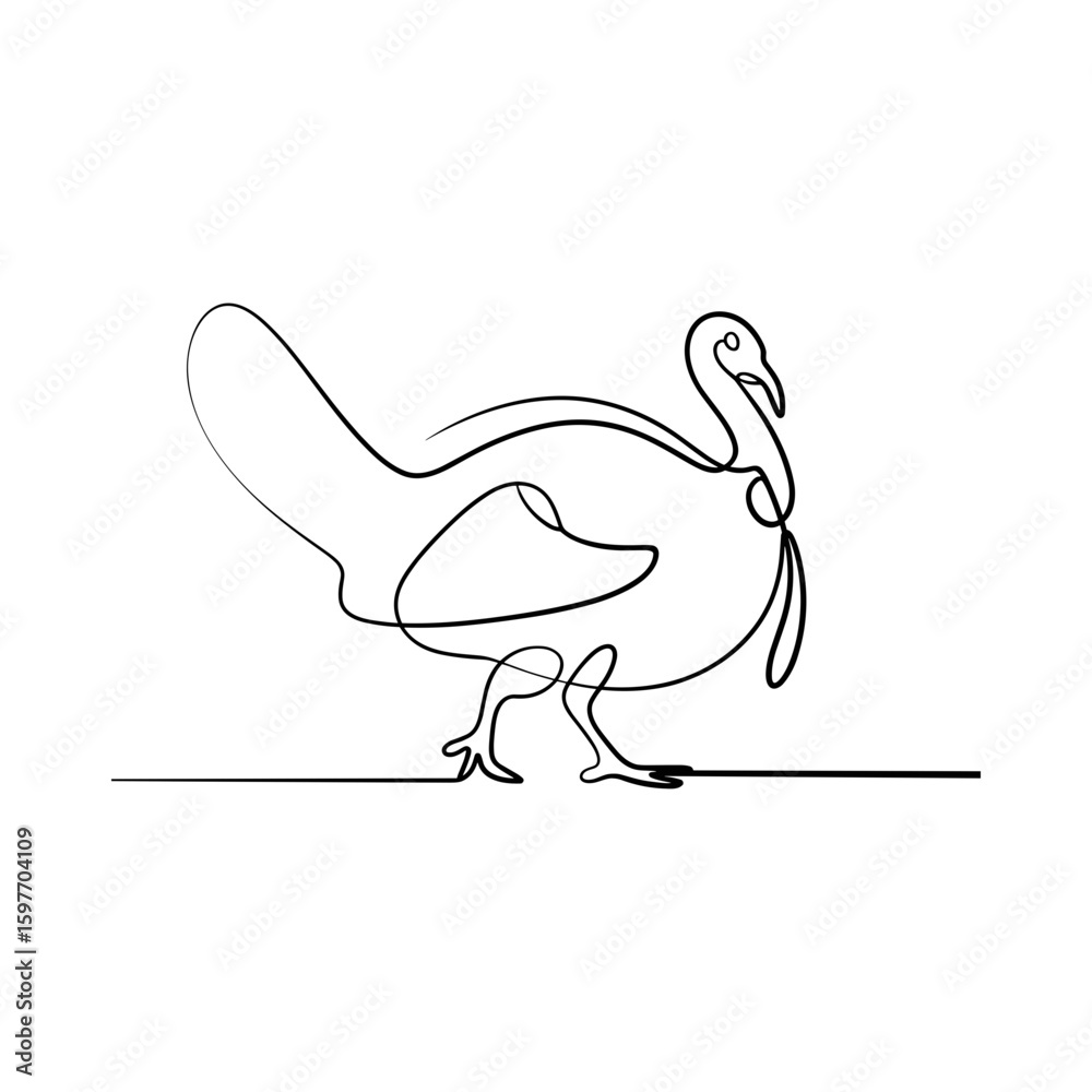 Fototapeta premium Walking turkey bird in continuous line style, minimal poultry farm animal vector illustration