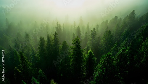 Foggy forest landscape aerial view, misty pine tree forest background, nature scenery