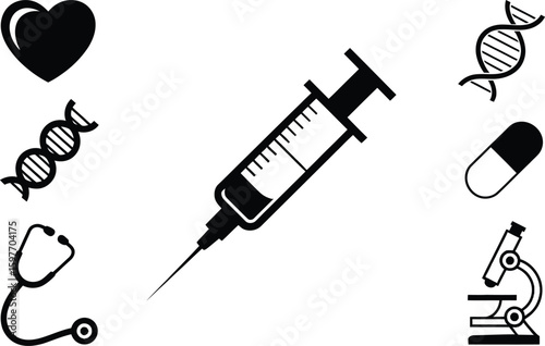 Illustration of medical and scientific icons including syringe and dna strands