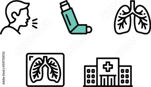 A collection of medical icons depicting coughing, inhaler, lungs, xray and hospital
