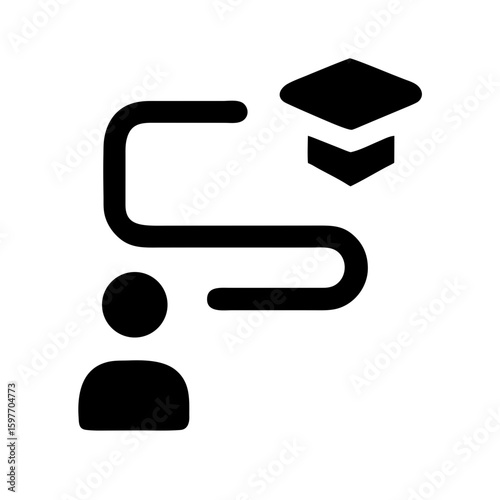 A simple, solid black icon depicting a person's journey to graduation, ideal for websites/blogs on education, career paths, personal development, or learning.

