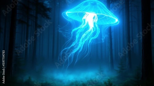 Bioluminescent jellyfish hovering above a misty night forest, casting neon-blue light and surreal sci-fi magic over the trees. generative AI