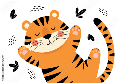 A playful cartoon tiger is shown on its back with paws up and a curled tail against a white background