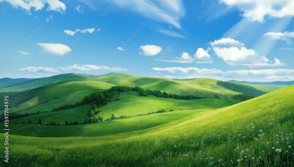 Fototapeta premium Rich green rolling hills under vibrant blue sky with white clouds. Sunlight streams through atmosphere, illuminating meadows, valleys. Serene landscape evokes feelings of peace, nature, beauty of