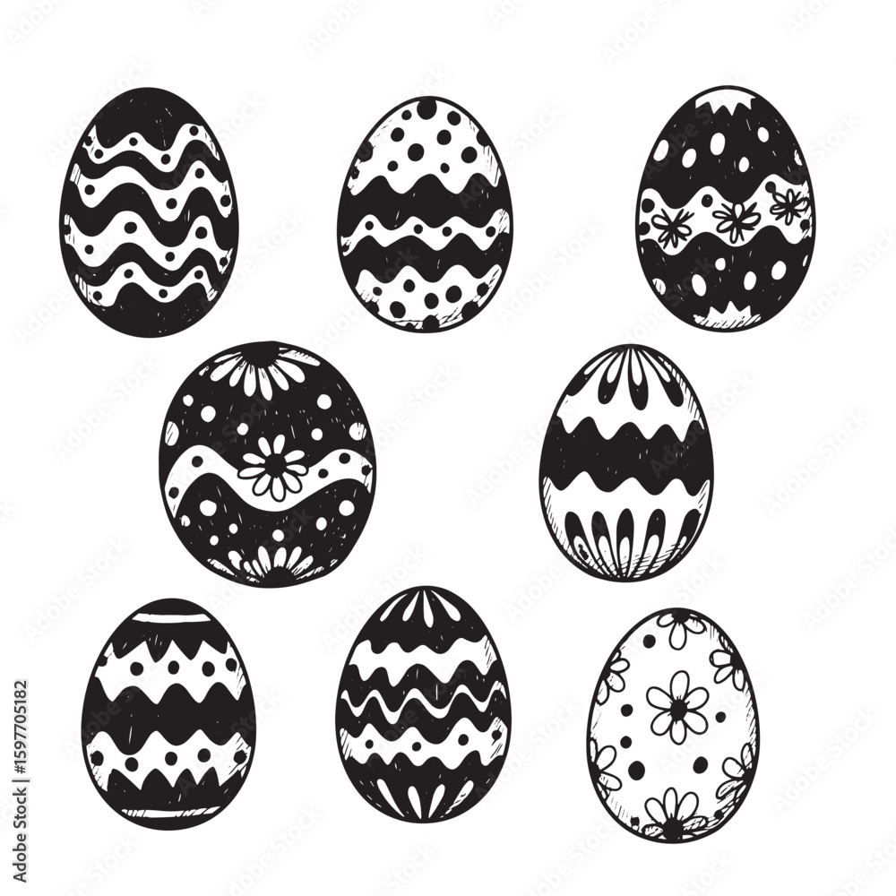 Fototapeta premium Hand drawn black and white easter eggs with various decorative patterns for springtime celebrations
