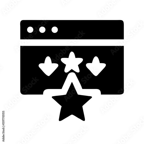 flat black vector icon of a web browser window featuring multiple stars. Ideal for websites and blogs on SEO, reviews, ratings, user experience (UX), quality control, and digital marketing