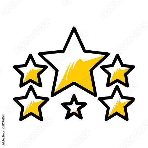 An icon-style doodle illustration of five stars, ideal for websites or blogs indicating ratings, reviews, quality, feedback, or achievement.


