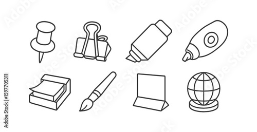 Office supplies outline icon set. stationary, tools, essentials icons linear collection