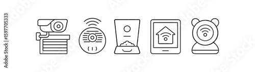 Home security line icon set. camera, alarm, smart device icons in outline style