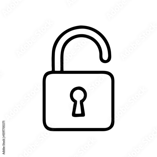 This flat outline icon features an unlocked padlock, suitable for websites or blogs conveying security, access, privacy, freedom, or open status.

