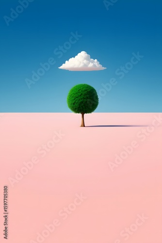Minimalist landscape with green tree, white cloud, and blue sky for desktop wallpaper