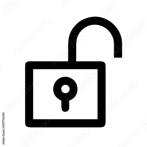 Minimalist black line vector icon of an open padlock. Ideal for apps and websites indicating unlocked access, public content, successful login, security disabled, or freedom.