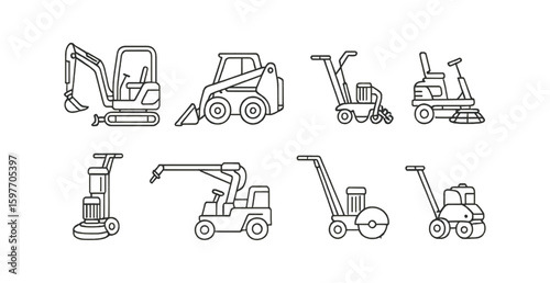 Construction equipment line icon set. tools, machinery, vehicles linear collection