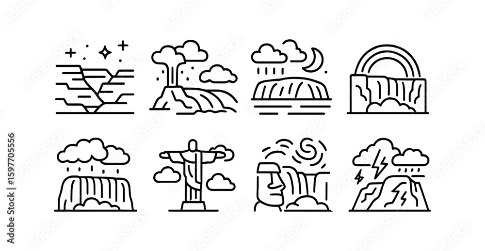 Obraz premium Travel destinations icon set: landmarks, waterfalls, line icons for explorers