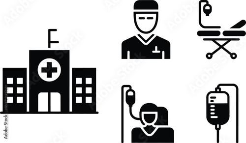 A set of medical icons featuring a hospital building, doctor, and patient treatment