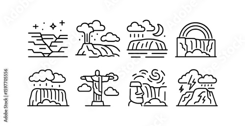 Travel destinations icon set: landmarks, waterfalls, line icons for explorers