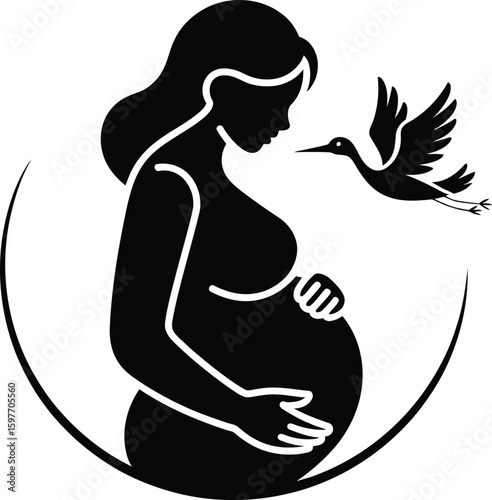 Silhouette of pregnant woman with hands on belly and stork flying nearby in circle