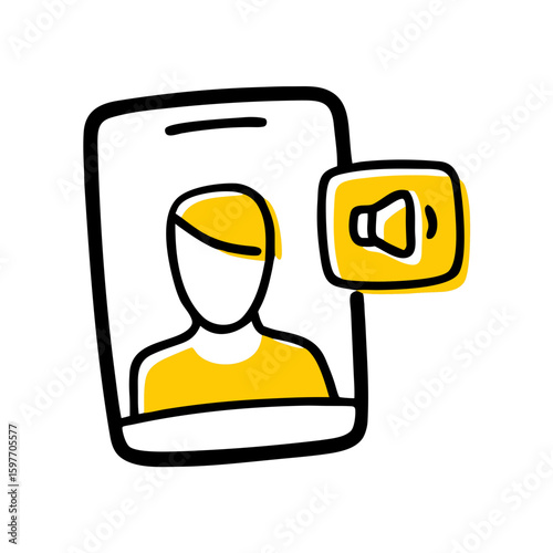 Doodle icon of a phone screen showing a user and a yellow volume/speaker symbol, representing voice calls, audio chat, communication, phone conversation, or a voice message.