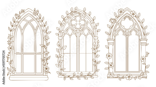 Floral gothic windows coloring page, arched window frame with flowers and leaves line art design vector drawing 