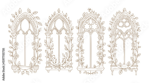 Gothic window frames with floral vine designs vector illustration for architecture and design projects 
