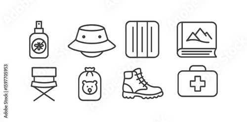 Camping and outdoor line icon set. hiking, fishing, backpacking, nature essentials