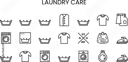 Laundry care icons set featuring washing machines, clothes, and care instructions