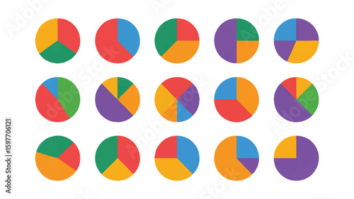 Fifteen colorful pie charts with varying segments circular graph