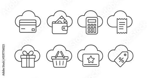 Business finance icon set. accounting, payment, shopping icons outline collection