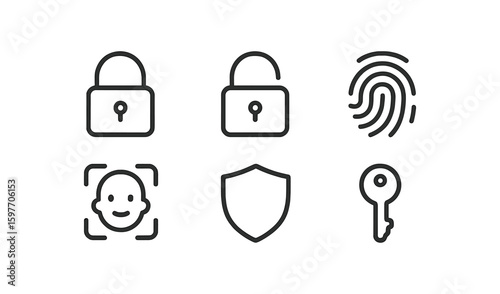 Security and protection line icon set. locks, keys, shields, biometric symbols