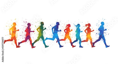 Colorful marathon runner clipart showing people running with energy and motion.