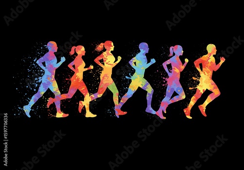 Vibrant marathon runner clipart showing colorful silhouettes of people in motion, ideal for fitness and sports designs.