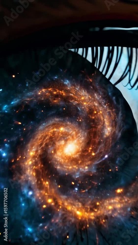 Extreme macro of human eye reflecting a swirling spiral galaxy, symbolizing cosmic consciousness, imagination and infinite potential. generative AI
