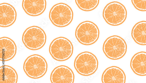 A seamless vector pattern featuring orange fruit slices in a minimal flat style. Bright and refreshing citrus design
