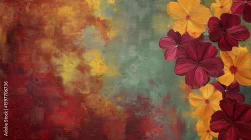 A rough canvas-like background with vibrant, textured brushstrokes in deep red, mustard yellow, and soft green. 