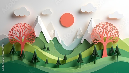 Paper cut landscape illustration with mountains trees clouds and sun vector design