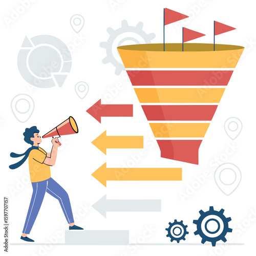 A flat vector illustration depicts a business graph concept with an upload arrow on a computer, symbolizing marketing infographic design and technology