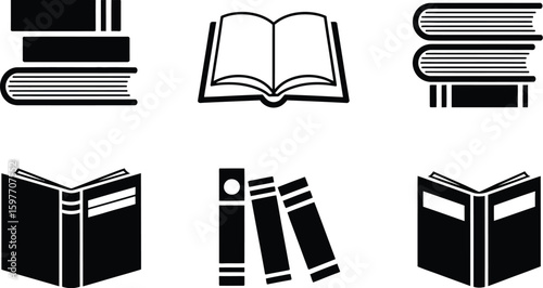 Illustration of various book styles in black and white vector graphic format