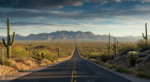 A long road stretches through the desert landscape with saguaro cacti and distant mountains