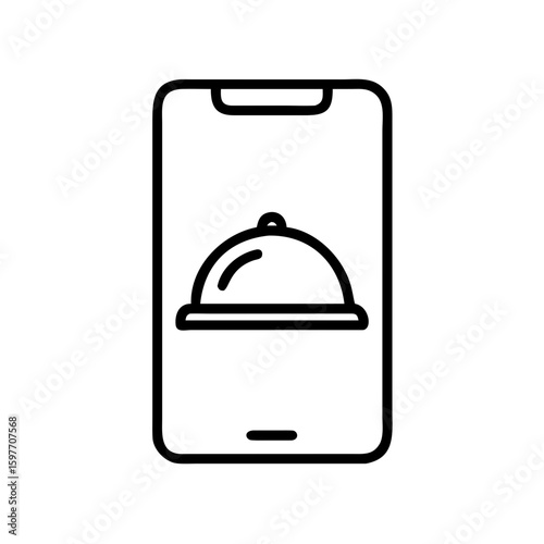 Minimalist black outline vector icon of a smartphone displaying a cloche tray, symbolizing online food delivery, meal ordering, and restaurant service. Clean design on a transparent background