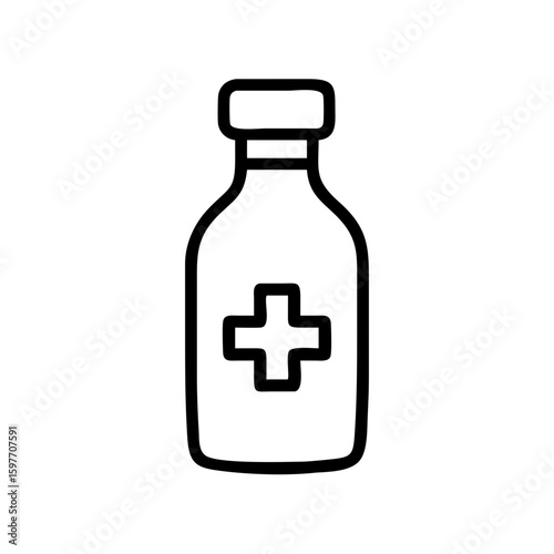 Minimalist black outline vector icon of a medical bottle with a cross, symbolizing pills, medicinal tinctures, syrups, and healthcare. Clean, simple design on a transparent background