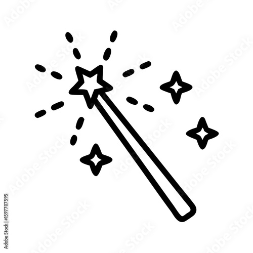 Minimalist black outline vector icon of a magic wand with sparkles around the tip, symbolizing imagination and creativity, isolated on a transparent background