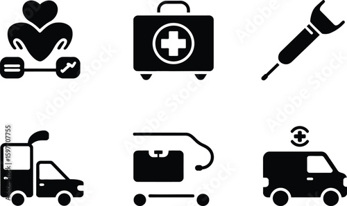 A collection of six medical icons including heart care, first aid and ambulances