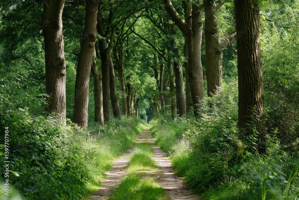 Naklejka premium Forest path leading through tall trees in the Netherlands nature green outdoors.