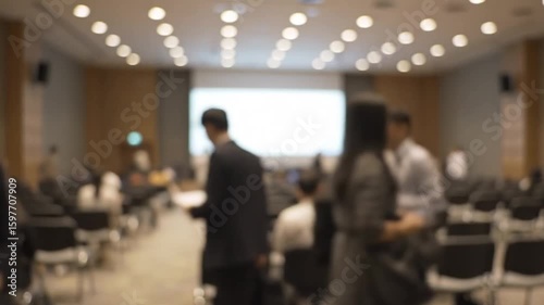 Blurred background capturing guests entering a presentation room, 4K Resolution